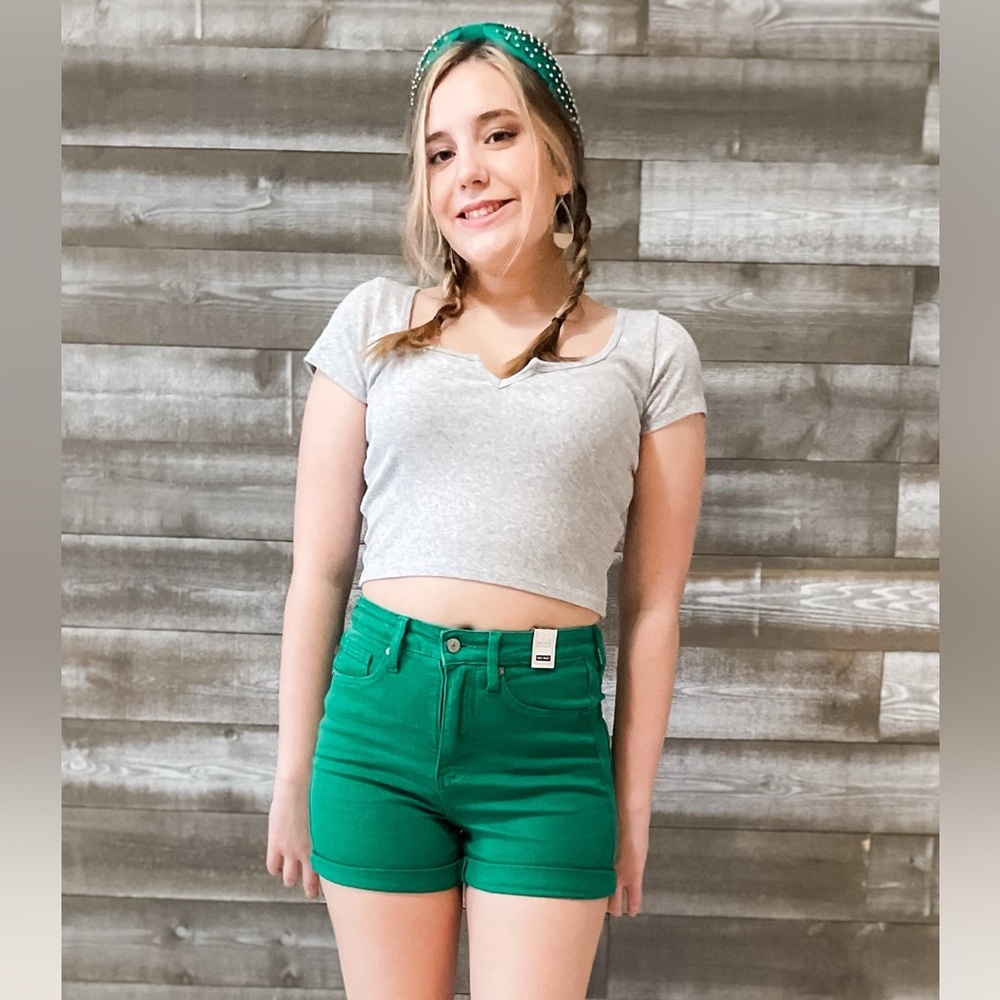 judy blue kelly green high waist tummy control top cuffed shorts